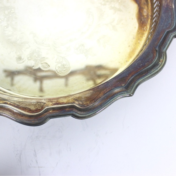 Large Round 12” Silver Plated Gallery Tray with a Wide Lip, Embossed Detail - Picture 5 of 9